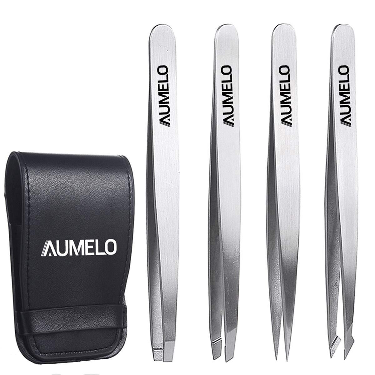 AUMELO Tweezers Set 4-Piece Professional Stainless Steel Tweezers Gift with Travel Case by Aumelo - Best Precision Eyebrow and Splinter Ingrown Hair Removal Tweezer Tip,No Colored & Chemical Free