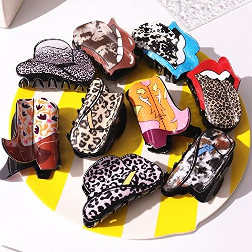 Generic Hair Claw Clip Creative Cowboy Hat Cowboy Boots Acrylic Grab Clip Flower Leopard Print Lips Geometric Shape Shark Clip Female Hair Accessories(G)