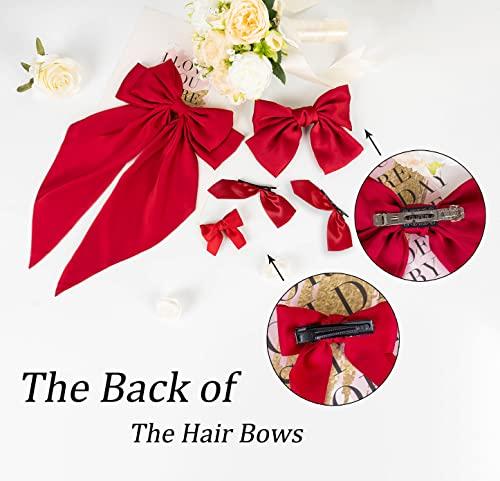 DIKEWEN Red Hair Bow - 5PCS Hair Bows for Women Big Red Bow for Hair Oversized Ribbon Bowknot Hairclip Soft Silky Satin Hair Bow Long Tail Hair Bows Clips French Barrette Hair Accessories Gift for Women Girls