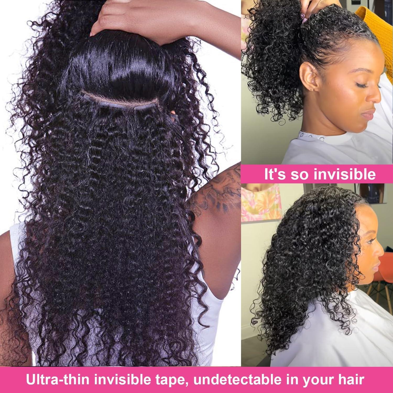 Hotlulana Hotlulana 60pcs Tape in Hair Extensions Human Hair Full Head 3c 4a Kinky Curly Human Hair Tape ins for Black Women Invisible Seamless Skin Weft Curly Hair Extensions 22 Inch 150g