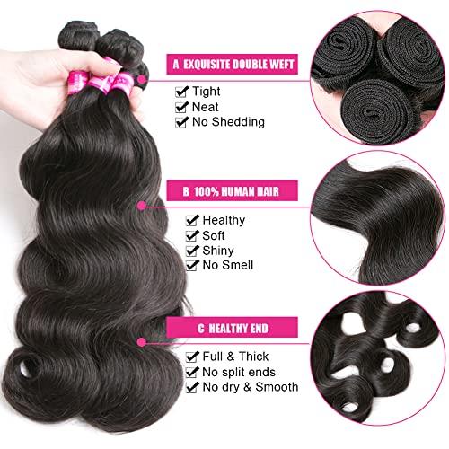Beauty Queen Beauty Queen Body Wave Bundles Human Hair Short Hair 3 bundles (10 12 14 Inch) 10A Grade Brazilian Hair Bundles 100% Unprocessed Weave Bundles Human Hair Natural Black Hair Extensions For Women
