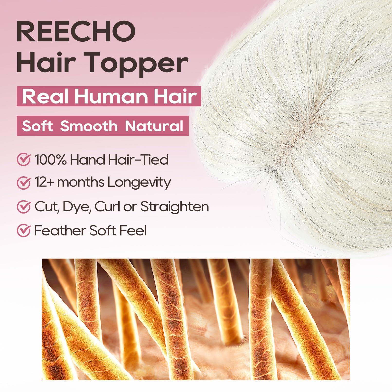 REECHO REECHO Real Human Hair Topper, 10 inch Women Hair Toppers for Thinning Hair, 100 Percent Human Hair Large Coverage Natural Hairpiece Wiglet, Swiss Base 4.5\"x3.5\", Silver White