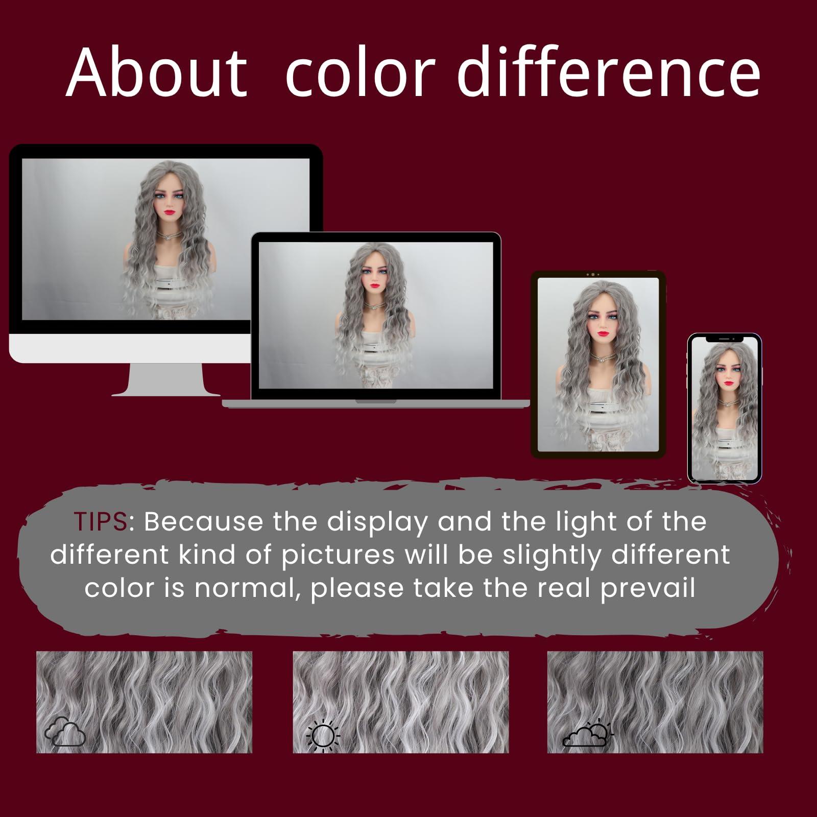 Fencca Fencca Grey Long Curly Wig Synthetic Mixed Gray Wave Curly Wigs for Women Free Part Full Curly Wig Layered Long Wavy Grey Wig