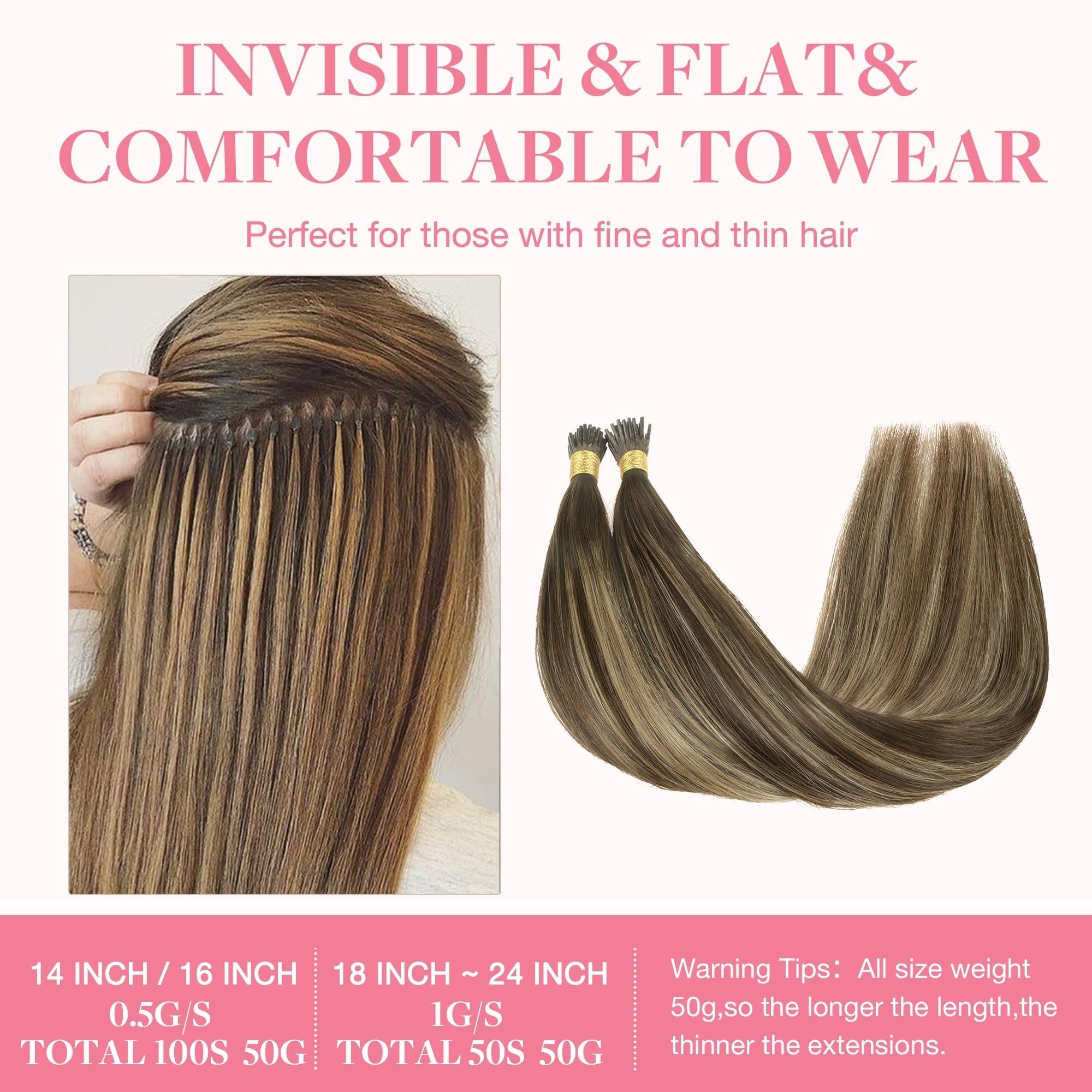 GOO GOO GOO GOO I Tip Hair Extensions Real Human Hair, 14inch 50g 100S, Cold Fusion I Tip Hair Extensions, Invisible Remy Hair Extensions, 4/26/4 Balayage Chocolate Brown to Honey Blonde