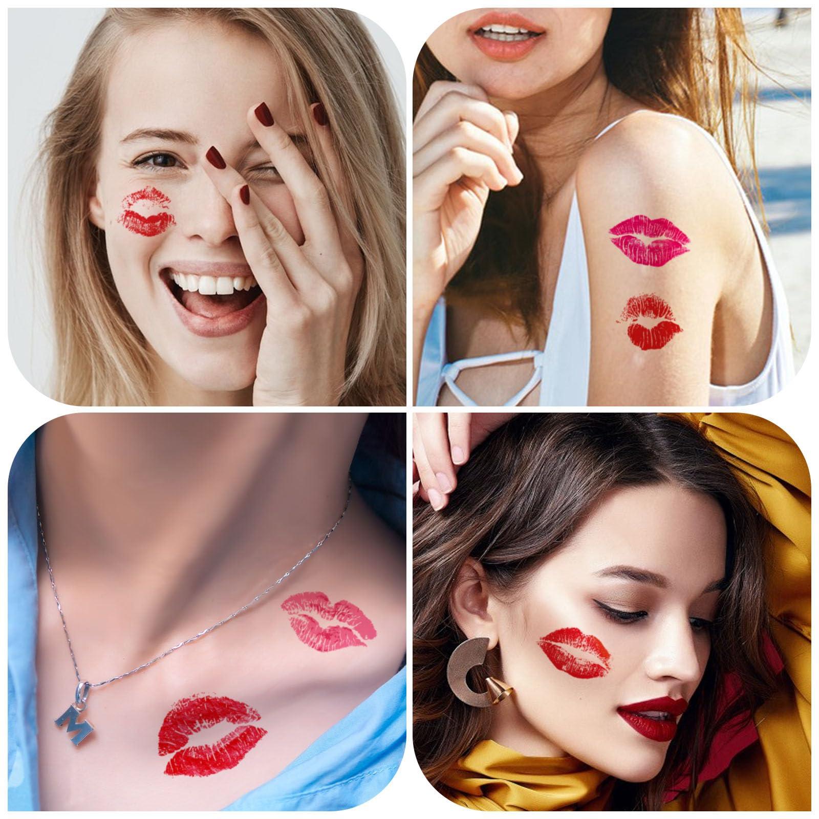 FATHER.SON 46 Pieces Valentines Lip Temporary Tattoos, Red Pink Lip Print Kiss Face Tattoo Stickers Body Decorations for Girls Kids