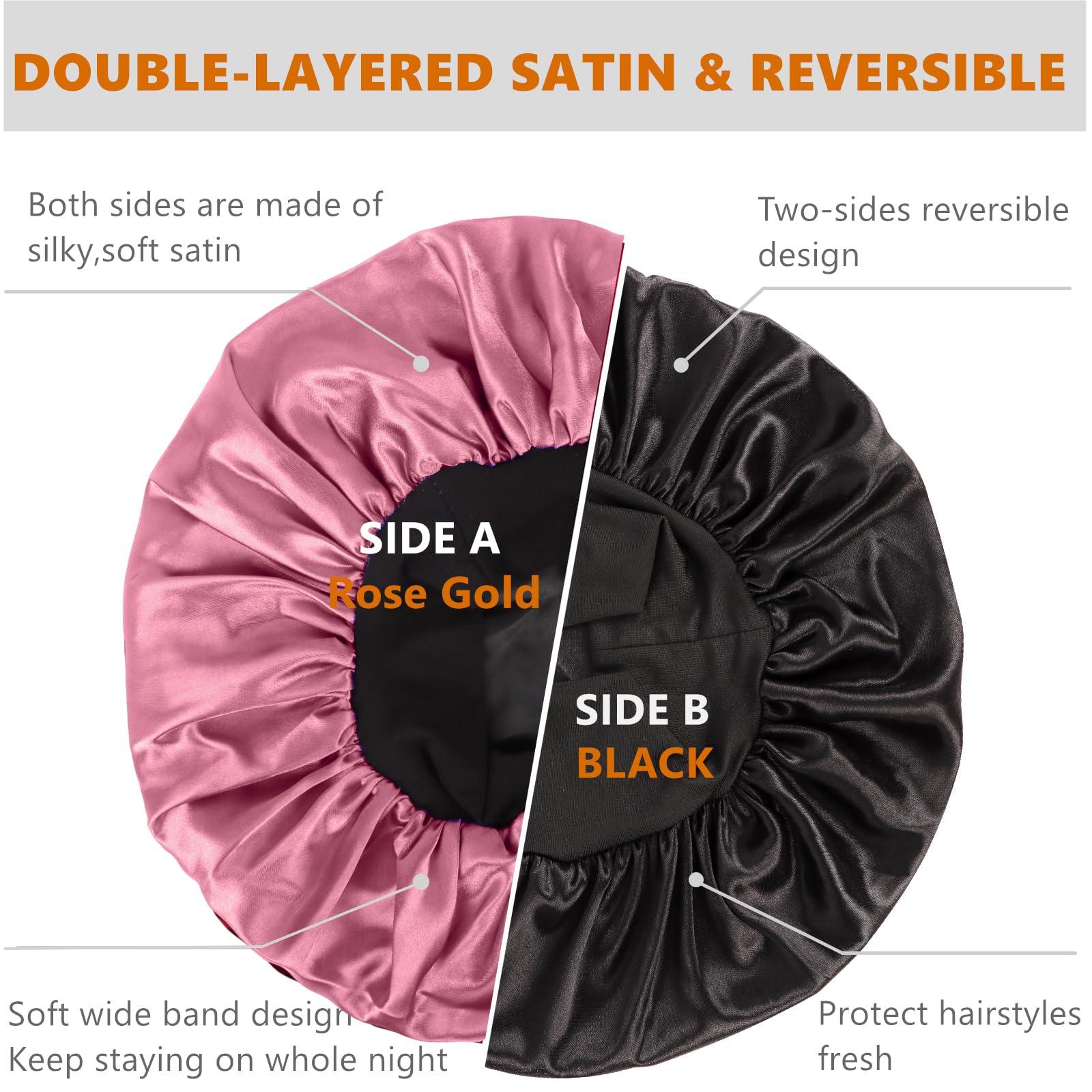 Himoswis Bonnet for Men,Hair Bonnet for Sleeping,Double Layer Satin Bonnets for Black Women Curly Hair Braids,Reversible Sleep Cap (Large,Black/Rose Gold)