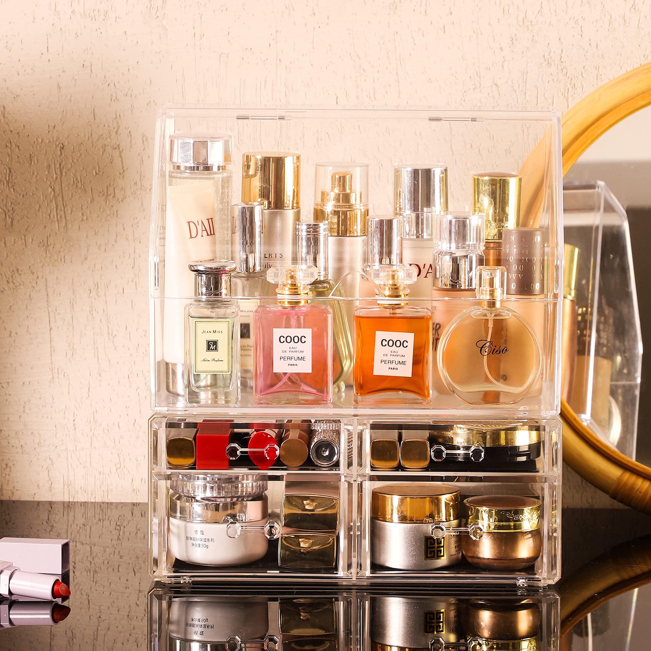 Cq acrylic Celar Makeup Organizer With With Lid,Dustproof Waterproof Design Make up Organizer for Bathroom Countertop,4 Drawers Acrylic Skincare and Cosmetic Storage for Vanity Countertop,Dresser Top Organizer