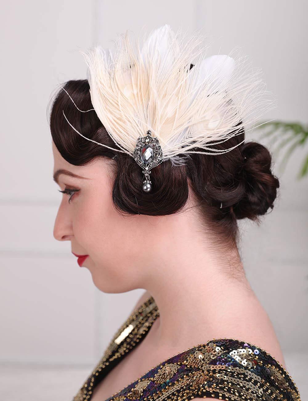 Aimimier Aimimier 1920s Flapper Feather Hair Clip Ivory Headpiece Prom Party Roaring 20s Accessories for Women