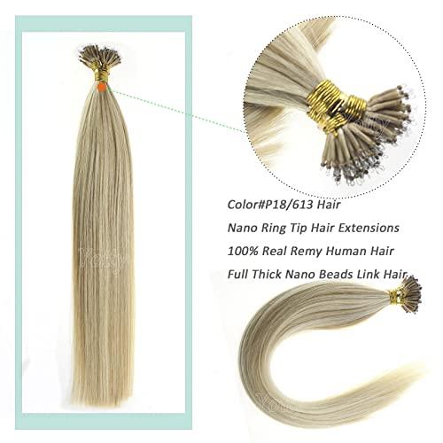 Yotty Nano Ring Hair Extensions Human Hair Keratin Cold Fusion Nano Tip Micro Nano Beads Link Thick Hair Balayage Highlight Ombre Real Remy Hair 1g/s (16inch100gr100s, P18/613 Ash Blonde Mix Light Blonde)