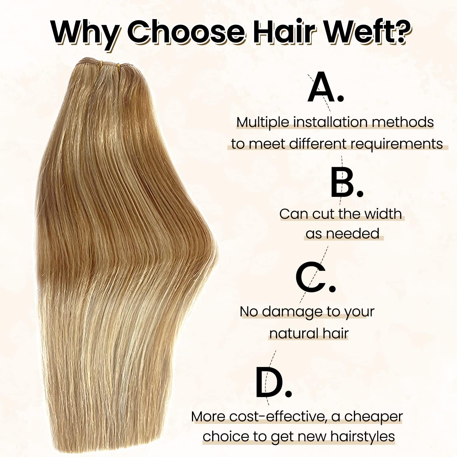 Benafee Hand Tied Weft Hair Extensions Human Hair Bundles Caramel Blonde to Bleach Blonde Sew in Hair Bundles Invisible Beaded Weft Extensions Human Hair Extensions Sew in Human Hair Weave Bundles 12” Thick