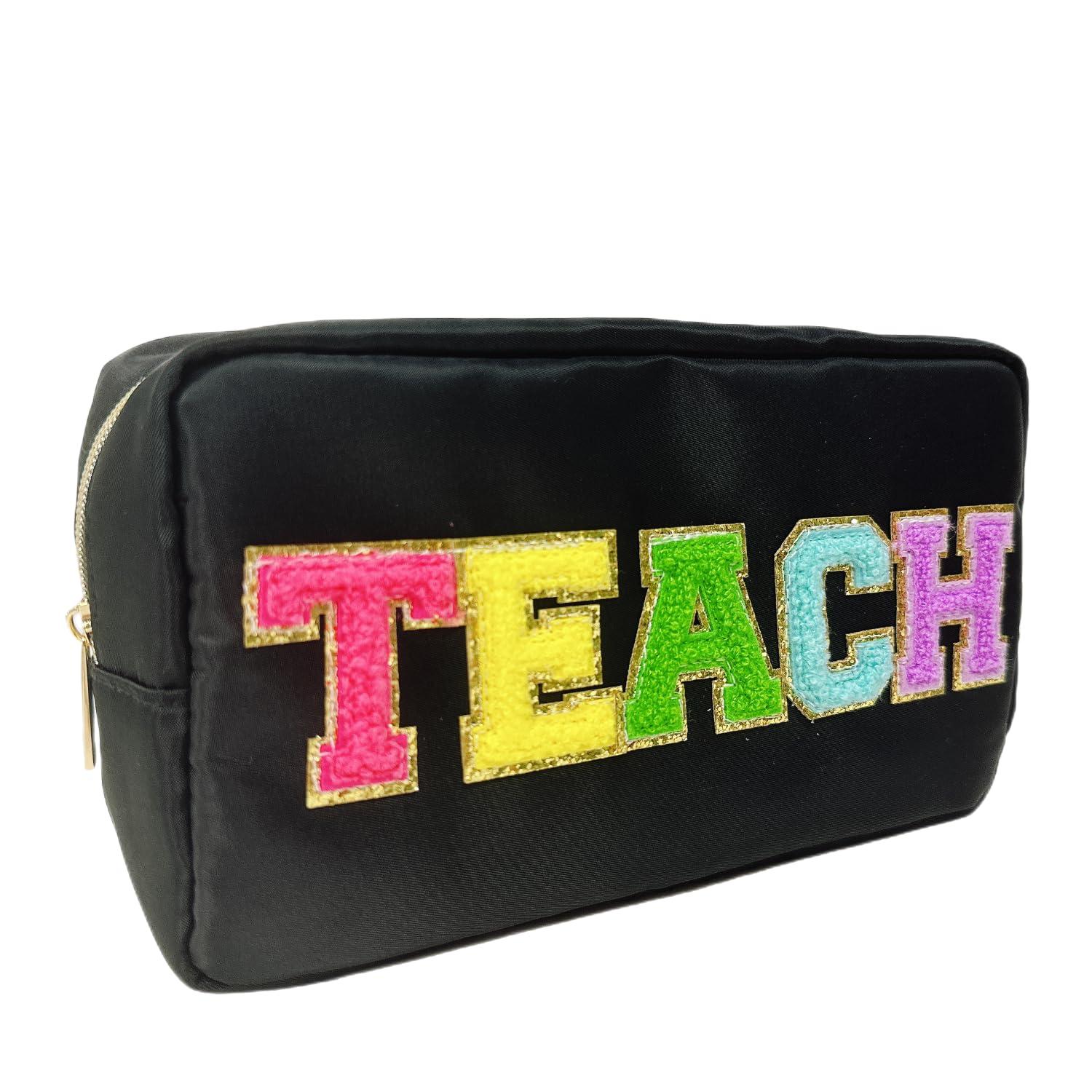 cqoogrlx cqoogrlx Teacher Appreciation Gifts Letter Patch Nylon Makeup Bag Pencil Bag Chenille Varsity Letter Patches Makeup Zipper Pouch Retirement Birthday Teacher Gifts for Women(Teach-black)