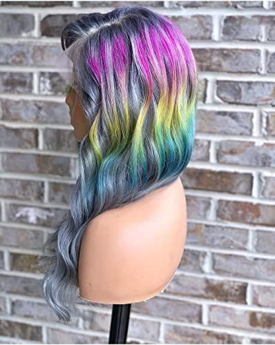 Rainbow Wigs 150 Density Body Wave Lace Front Wig Human Hair Wigs For White Women Colorful Mixed Gray Wig Transparent Lace Front Wigs Human Hair Pre Plucked 24inch Gray Rainbow