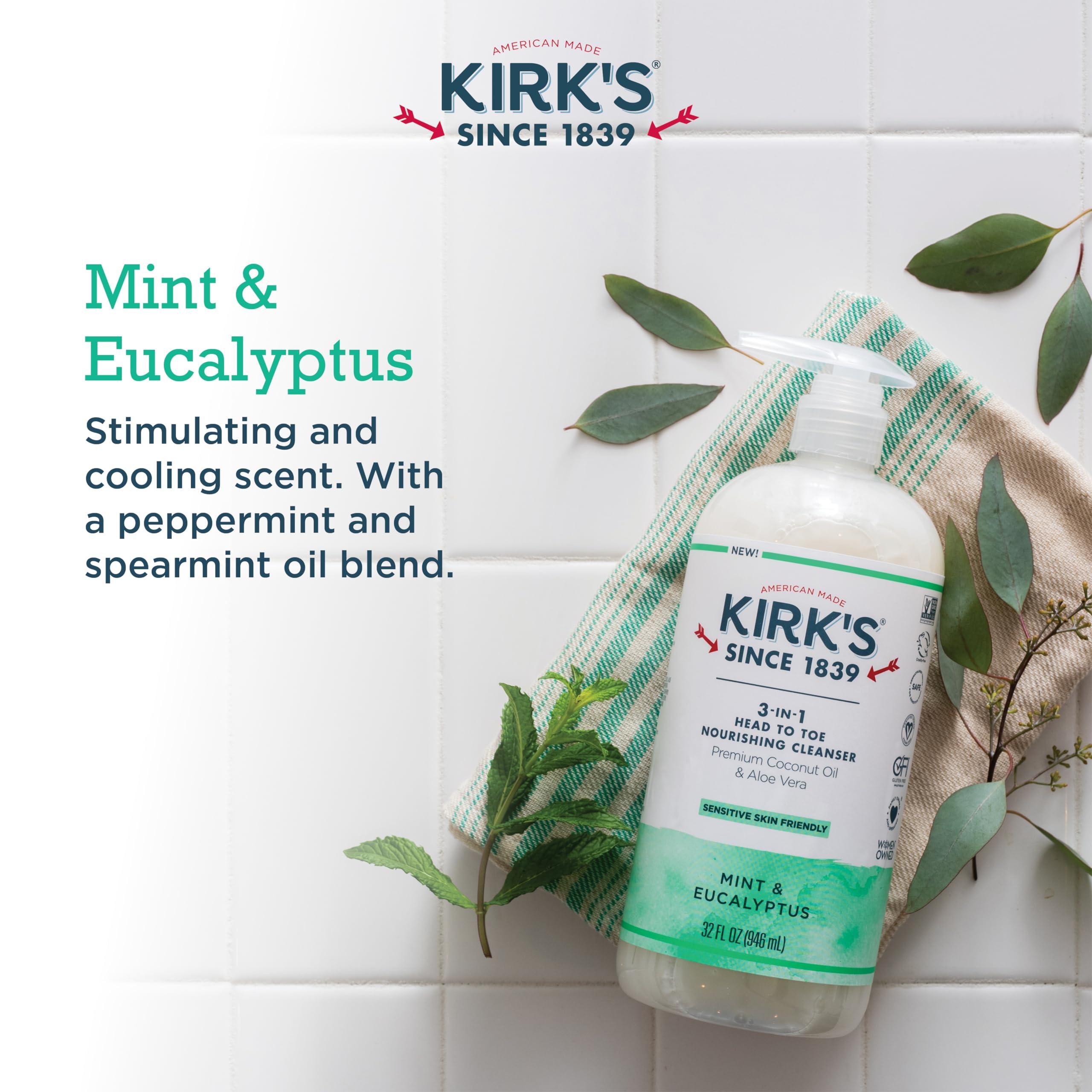 Kirk's Kirk\'s 3-in-1 Head to Toe Nourishing Liquid Cleanser & Travel Size Bar Soap - for Men, Women & Children - Premium Coconut Oil & Aloe Vera- Non GMO & Vegan -Mint & Eucalyptus - 32 Fl Oz