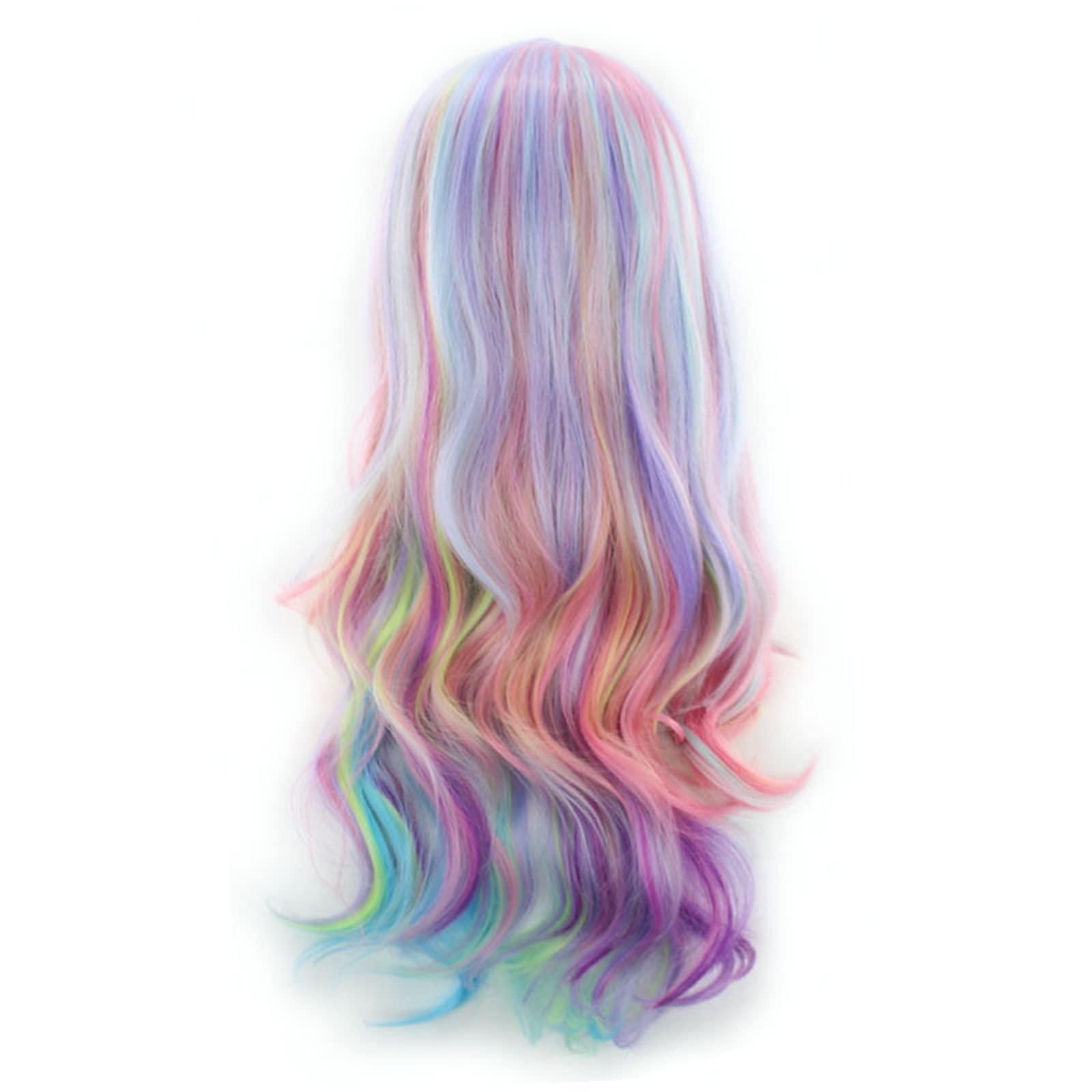EkeNoz EkeNoz Women's anime coloured wig Gradient long curly hair Pick and dye bleached rainbow rose net hair set fashion decoration
