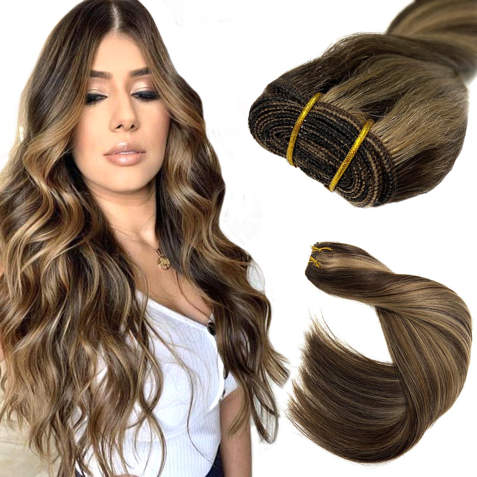 Ubetta Sew in Hair Extensions Real Human Hair,Balayage Weft Hair Extensions Human Hair Dark Brown Highlighted Ash Brown Hair Extensions Human Hair Bundles Hand Tied Weft Hair Extensions Human Hair 22" 120G