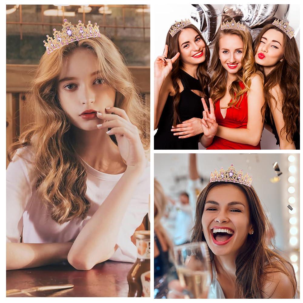 RGHSZ RGHSZ Birthday Crown Headband Birthday Sash Tiaras for Women Princess Crown Adult Birthday Crown and Sash Purple Crown Crystal Crown Headband Adult Purple Tiara Birthday Tiara and Sash, Gold+Purple