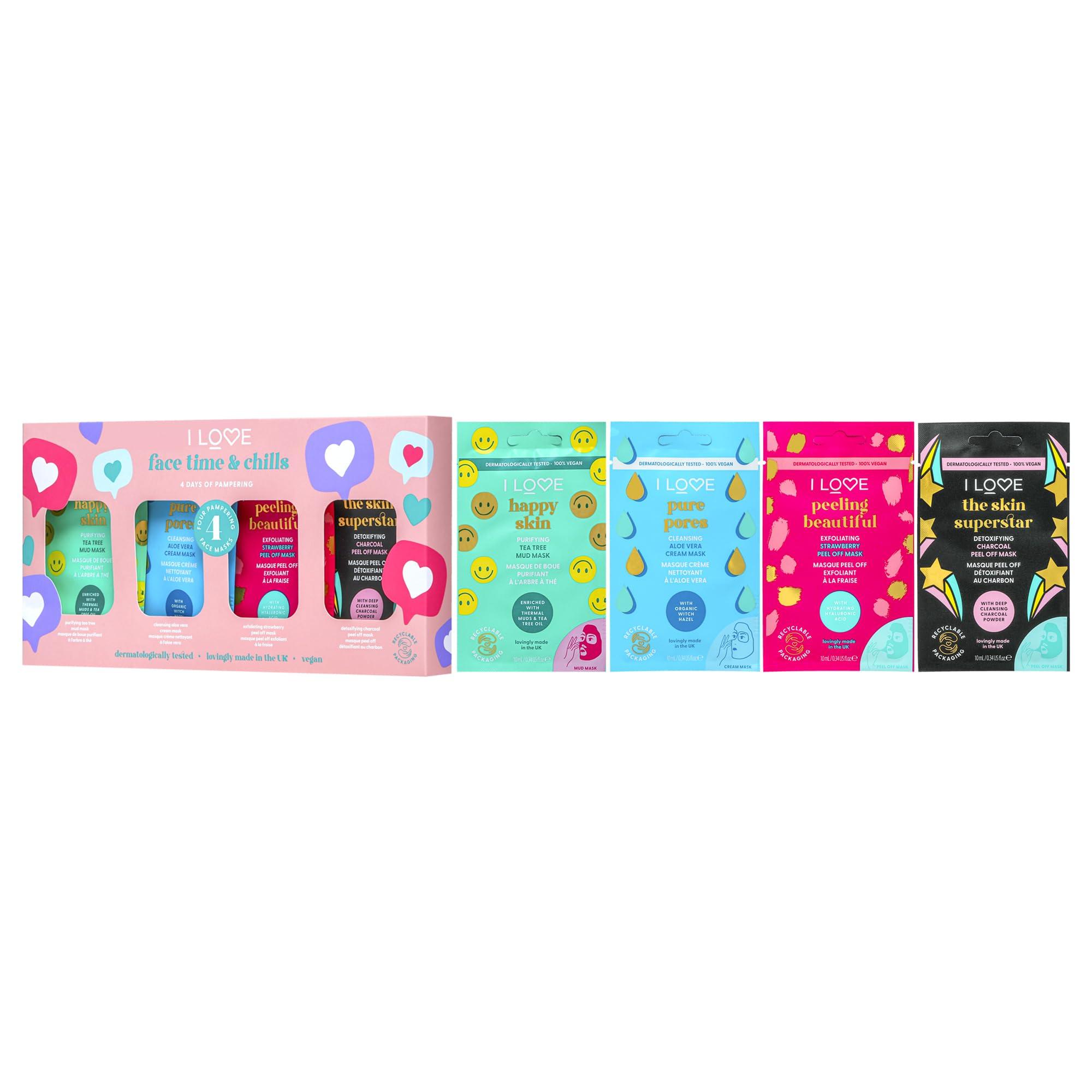 I Love I LOVE Face Time and Chills Face Masks - Facial Mask Self Care Kit - Peel of Mask, Mud Mask, and Cream Mask Selections - Soothing and Hydrating - 4 pc