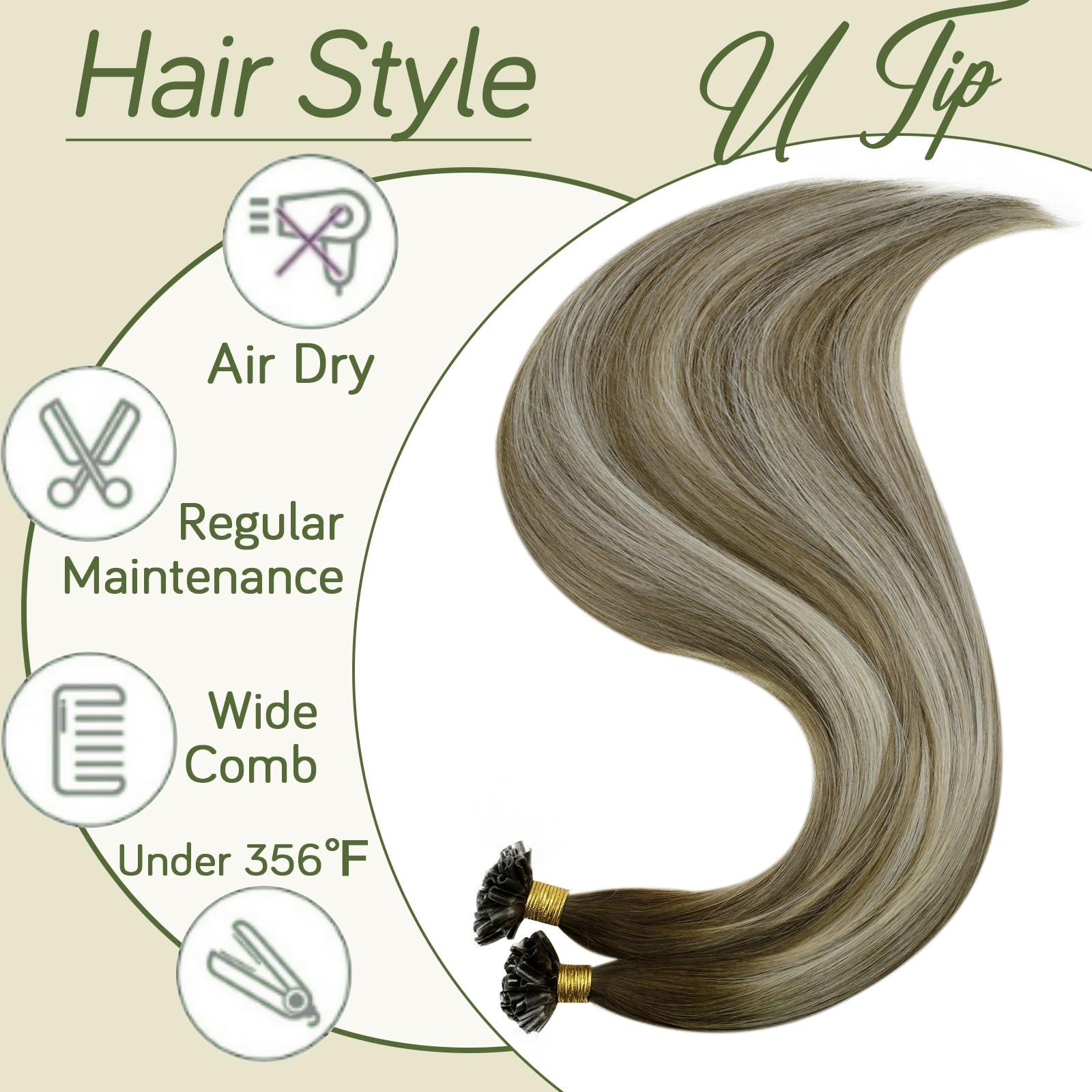 RUNATURE RUNATURE Bundles 12 Inch #3/8/22 Walnut Brown to Ash Brown with Light Blonde Tape in Hair Extensions Human Hair 30g 20pcs and U Tip Hair Extensions Human Hair 40g 50 Strands