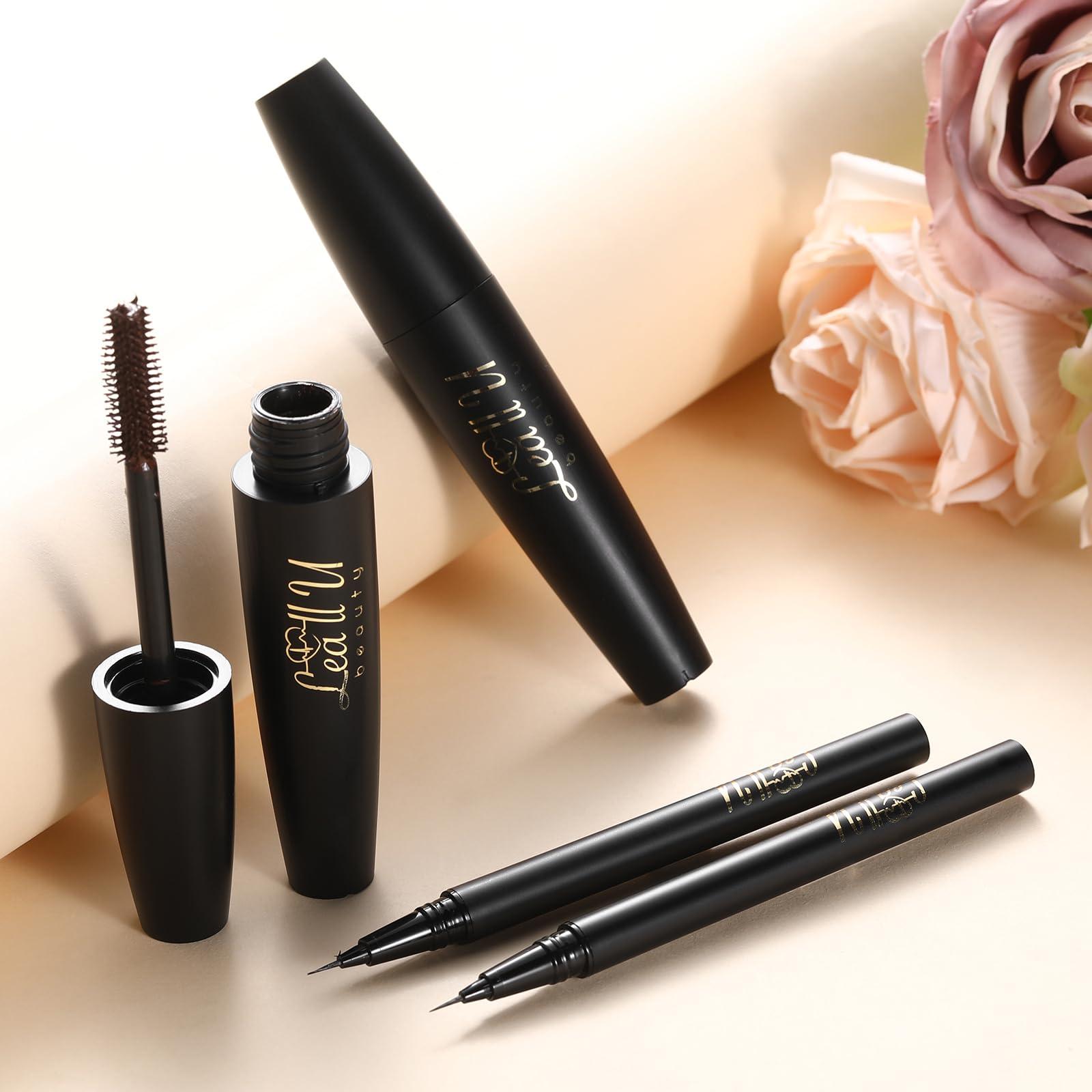 Lea ll U Lea ll U 4D Mascara And Eyeliner Set Black Brown Long Lasting Mascara Waterproof Eyeliner Kit (Brown)