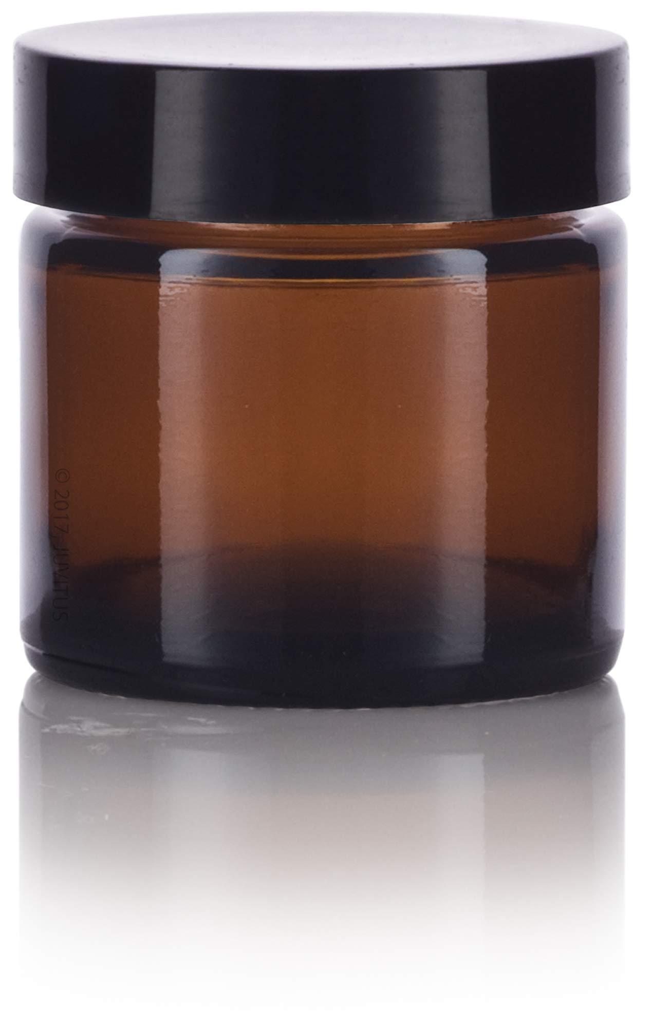 JUVITUS 1 oz / 30 ml Amber Thick Wall Glass Straight Sided Jar with Black Smooth Lined Lids (12 Pack)