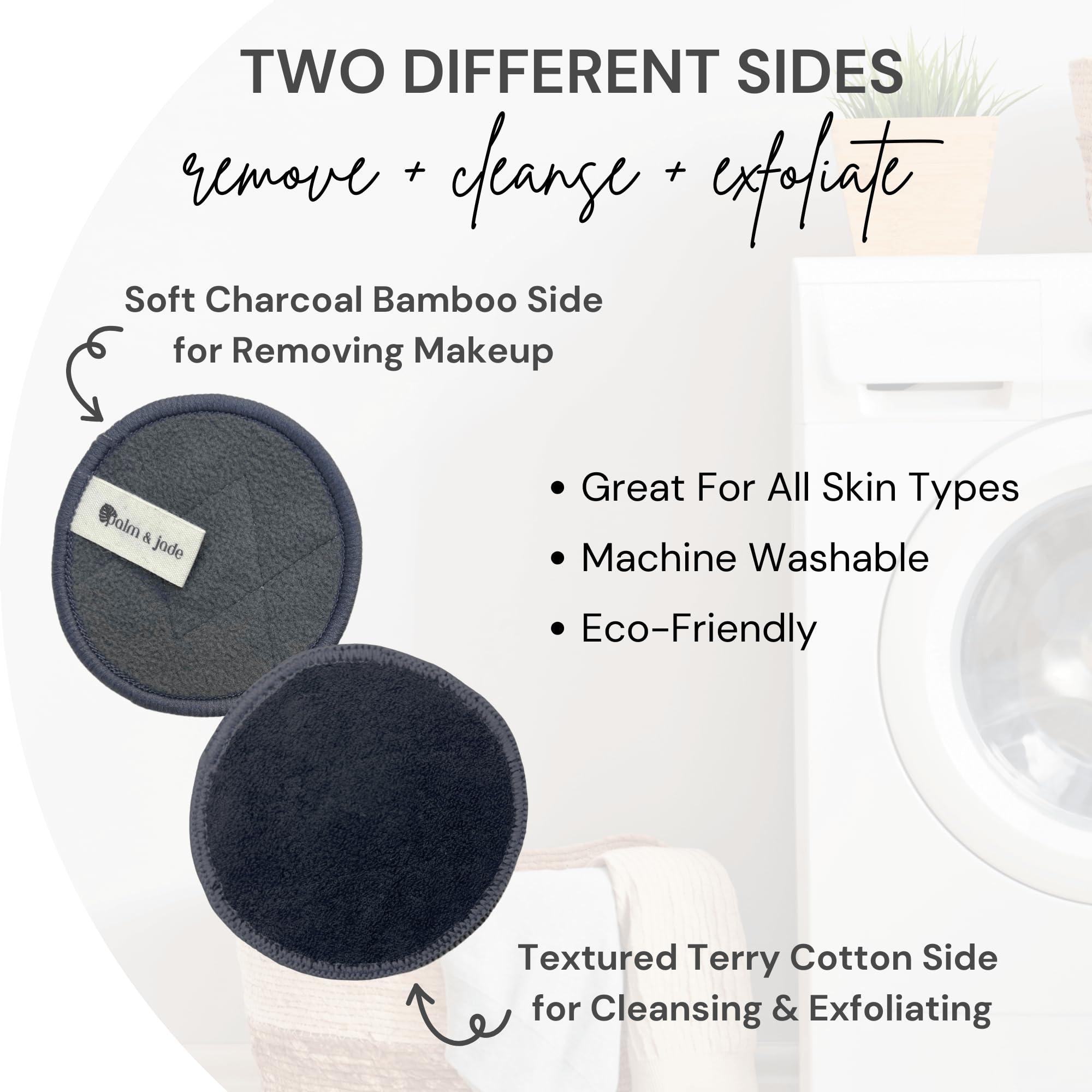 Palm & Jade Reusable Cotton Rounds for Face Pads for Toner | Triple-Layer Reusable Makeup Remover Pads with Exfoliating Cotton Rounds Holder & Laundry Bag | Charcoal Bamboo Facial Cloths (Glossy Gold)