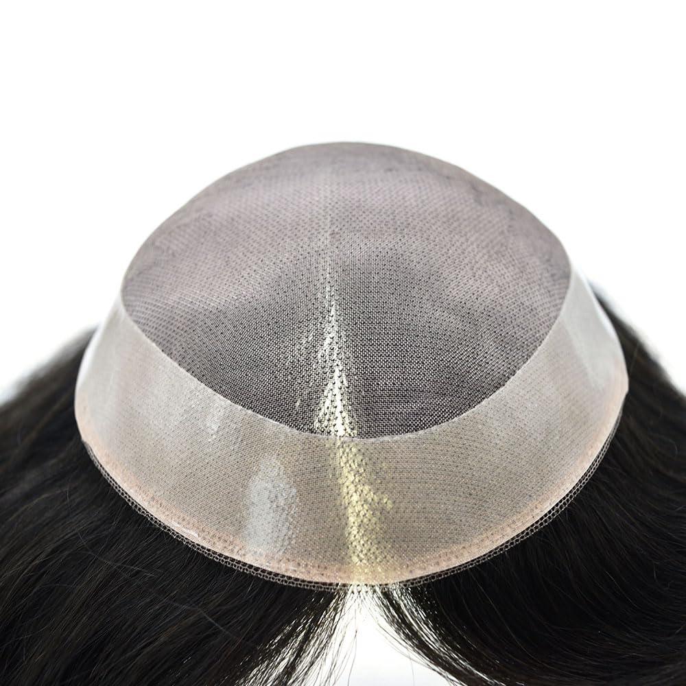 F M FACE MIRACLE NEW YORK Mens Toupee Fine Mono Real Hair Replacement System Poly Skin Around Human Hair Mens Toupee Durable Mens Hairpiece 6"X8"#1B10 Off Black with 10%gray hair -120% Medium Light to Medium Density
