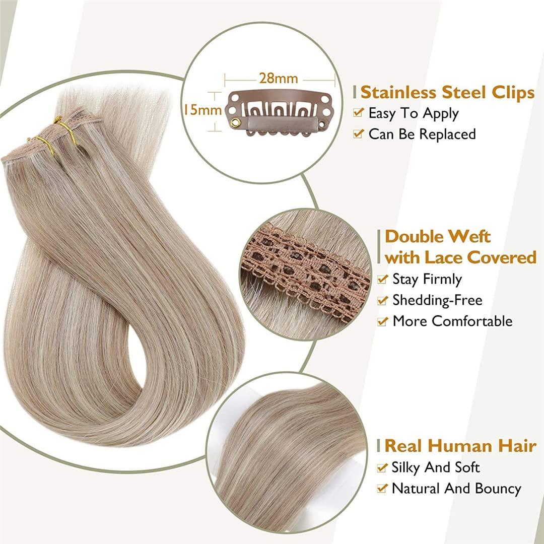 Sweejim 50 Grams Clips In Hair Extensions Human Hair Seamless Real Human Hair Extensions Remy 50G Clip In Hair Extensions 16p22 18 inches 50 Gram Per Set