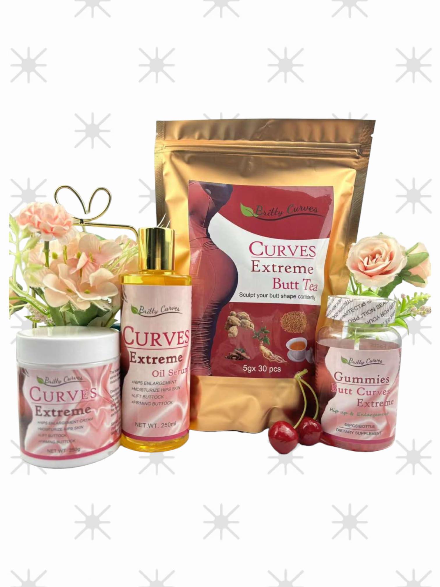 Generic Brittycurves Extreme Butt Enhancement Set, Hip and Buttock Enlargement, 30 Tea Bags, Oil Serum 8.5 fl oz, Gummies and cream