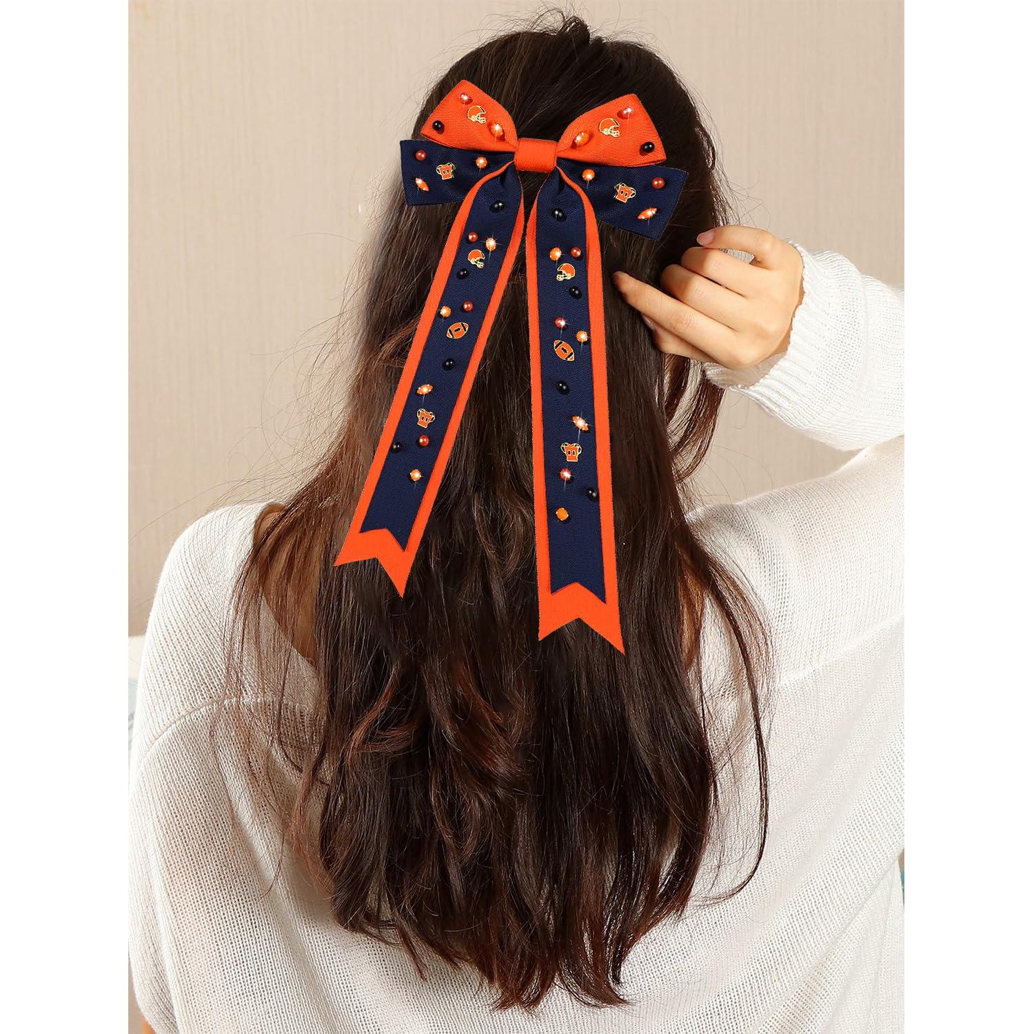 mokkia Game Day Hair Bows for Women Football Hair Bows Clips Silky Satin Sport Race Game Day Hair Ribbons Game Day Football Accessories Outfits Orange Spirit Day Accessories Gifts (Pattern F)