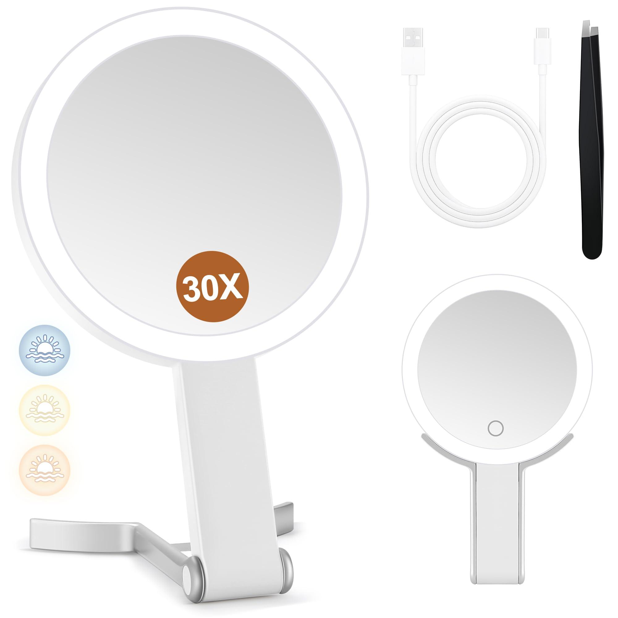 MIYADIVA MIYADIVA Travel Magnifying Mirror with Light, Double Sided 30X/1X Lighted Travel Makeup Mirror with Magnification, 3 Color Lighting, Dimmable Touch Screen, Adjustable & Foldable Hand Mirror(White)