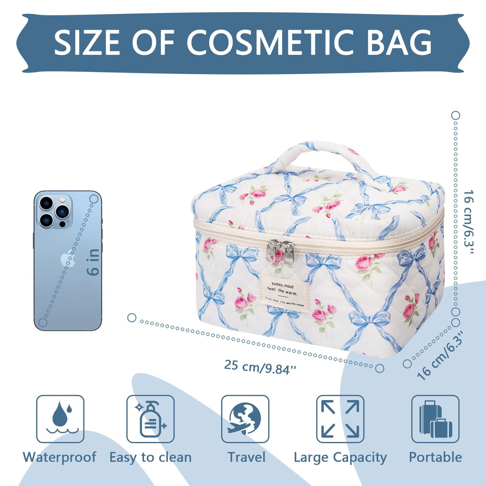 Gosect Large Makeup Bag, Cute Cosmetic Bag for Women Girls, Floral Coquette Aesthetic Toiletry Bag, Travel Make Up Organizer Bag (Blue Butterfly)
