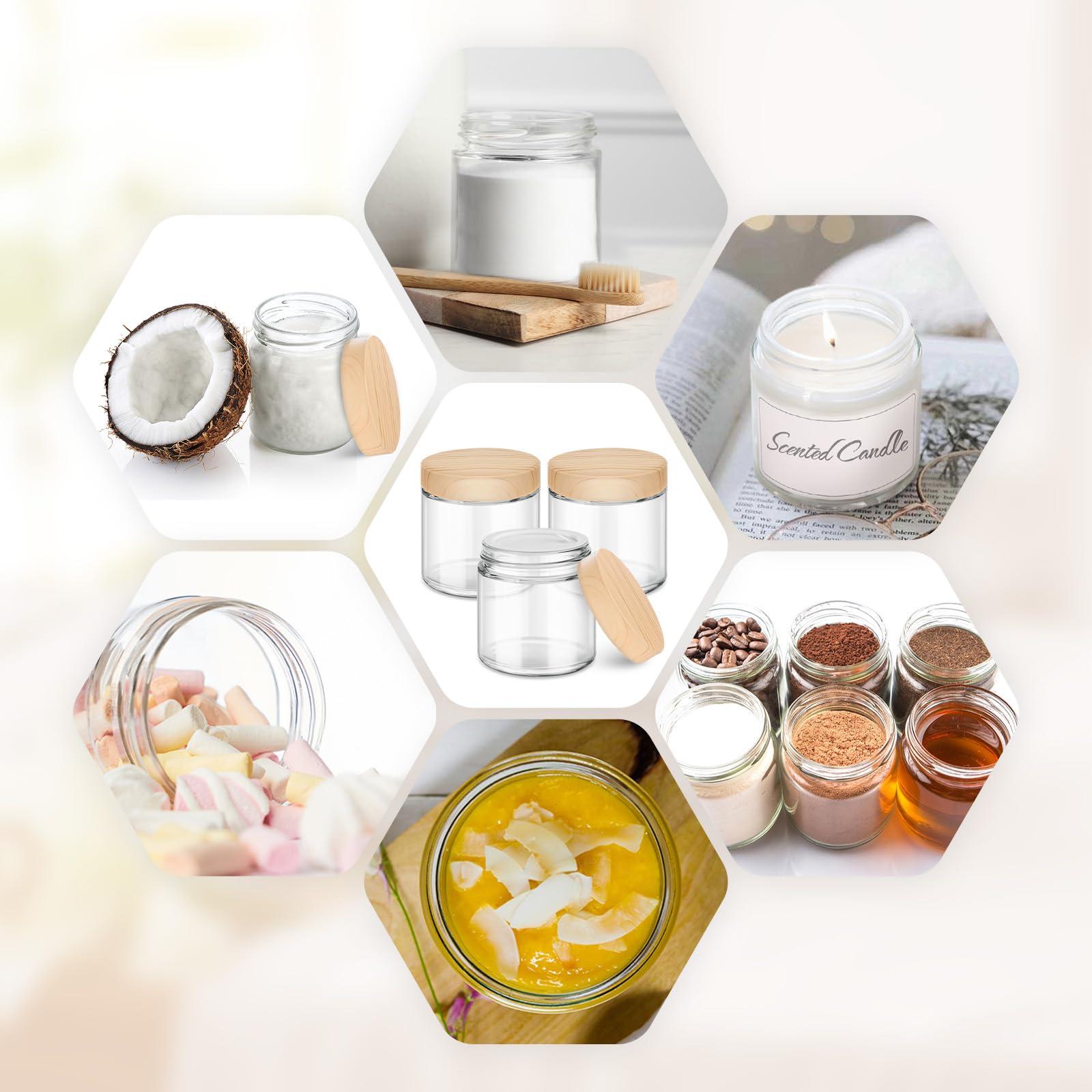 Tecohouse Small Glass Containers with Lids, 4 oz Glass Jars with Plastic Woodgrain Lids & Inner Liners, Reusable Travel Containers for Creams, Makeup, Lotion, Cosmetic - 16 pack