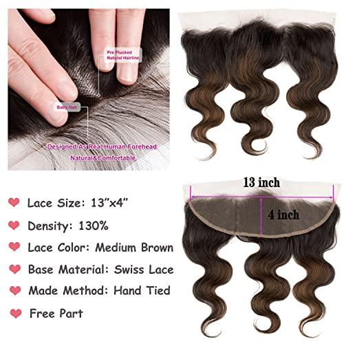 Lovenea Lovenea Body Wave Bundles with Frontal Human Hair (14 16 18+12) 13x4 Lace Frontal Closure with 3 Bundles Brazilian Body Wave Human Hair Weave Extensions FB30 Color (14 16 18+12)