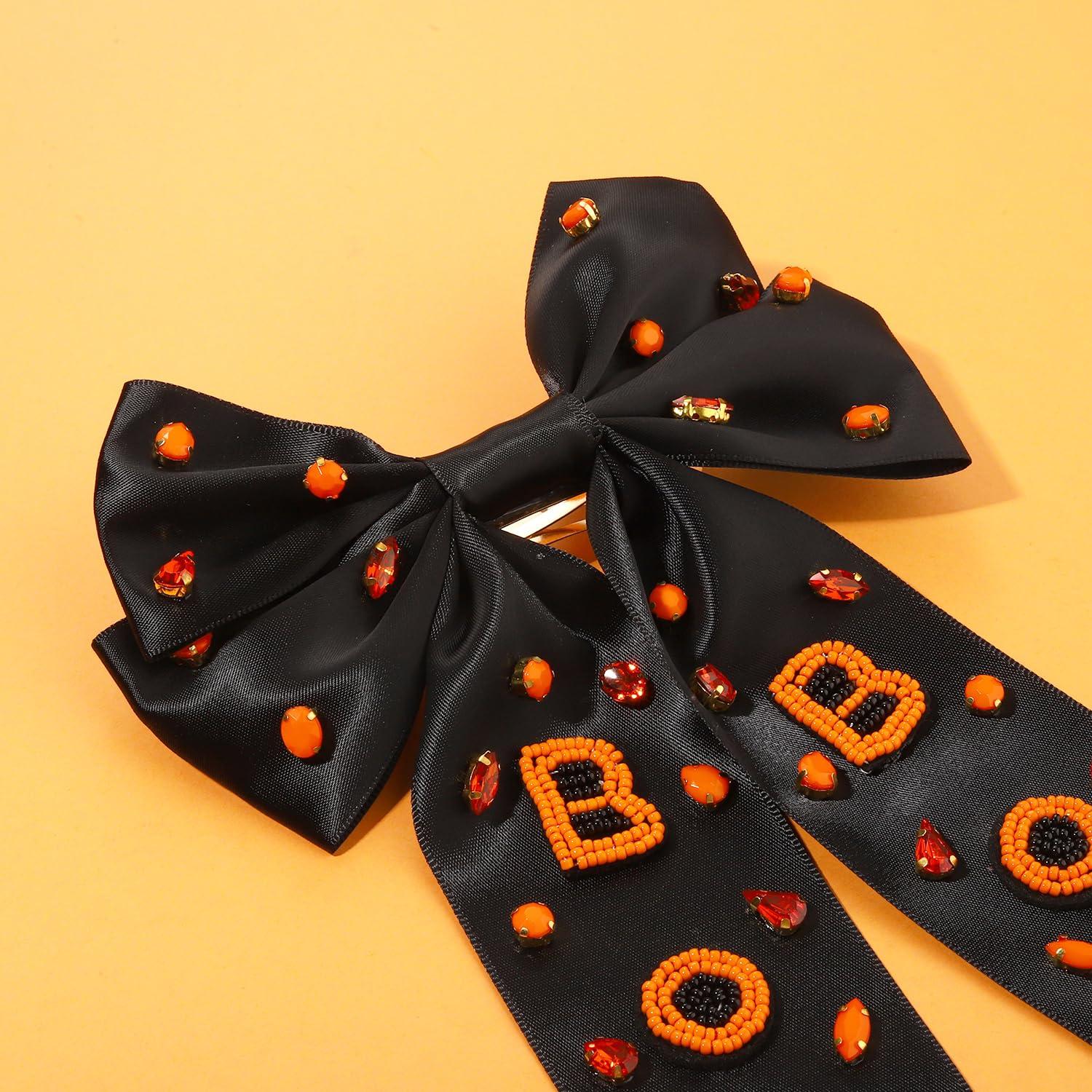 mokkia Halloween Hair Bows Clips for Women Halloween Accessories Outfits Big Spooky Pumpkin Boo Candy Corn Ghost Hair Bows Crystals Jeweled Orange Black Hair Ribbons Barrettes Costume Party Gifts (Pattern A)