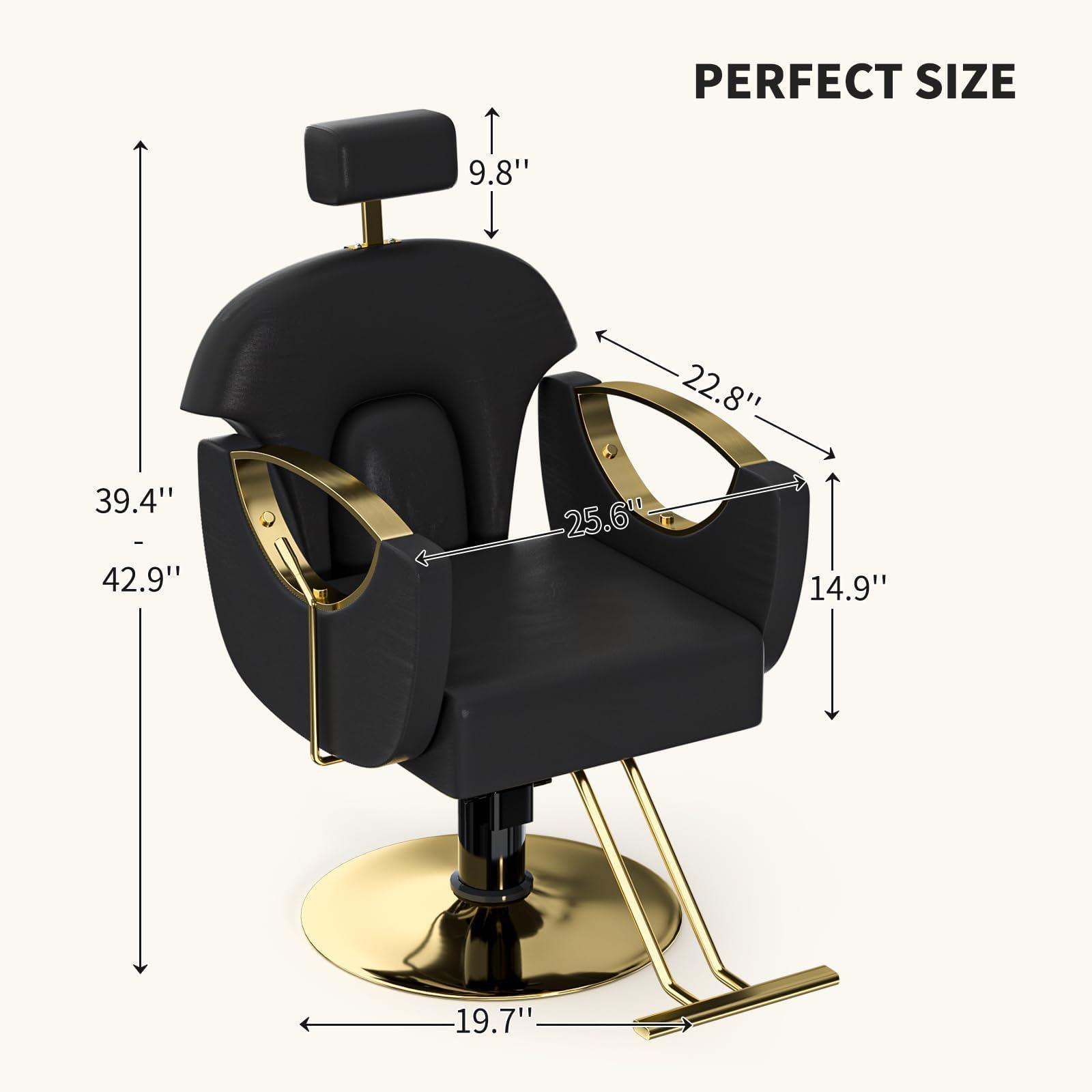 Charmmade Salon Chair Reclining Barber Chair Adjustable Recliner Styling Chair Hydraulic Adjust Height 360Swivel, Unique Headrest Design, Black and Gold