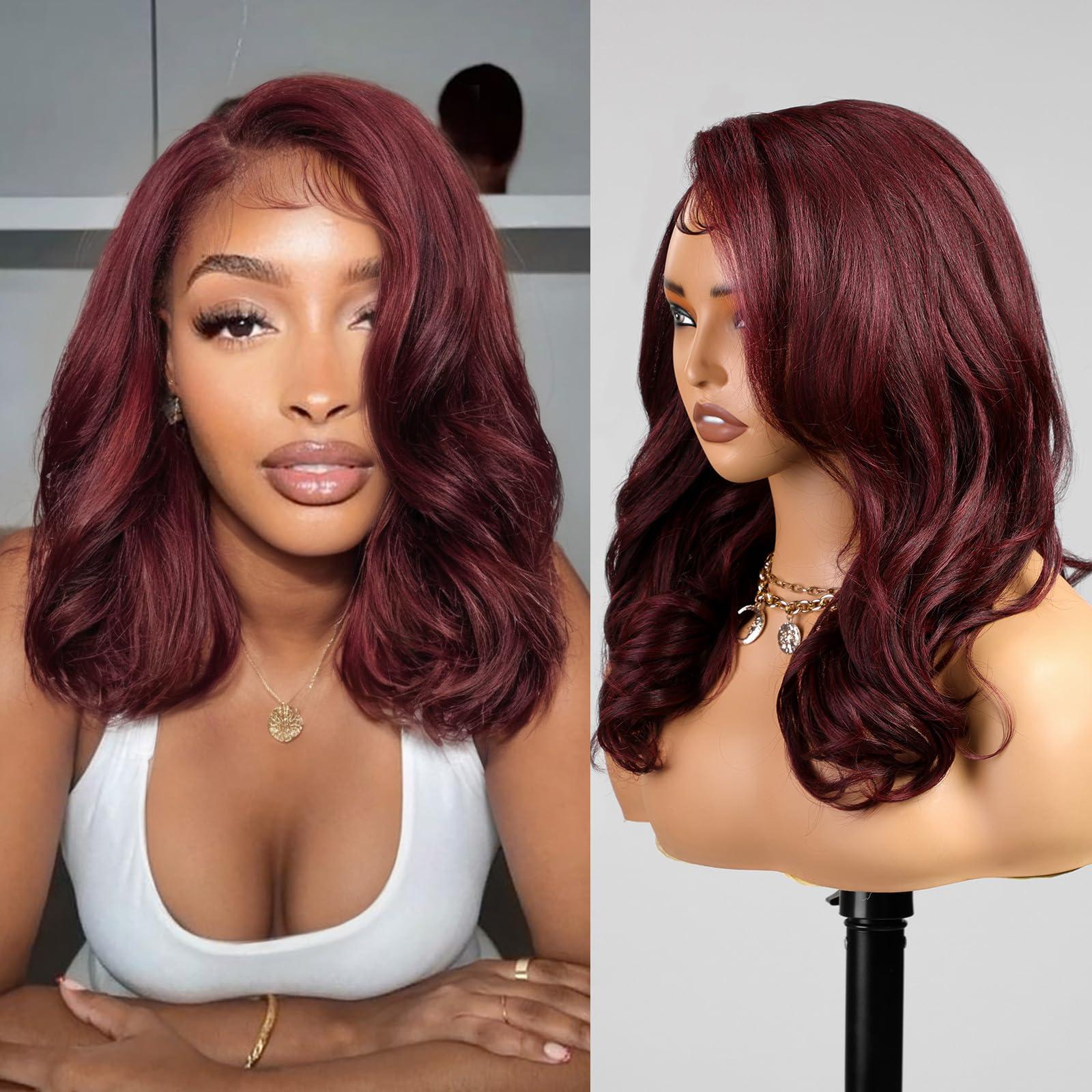 KOME KOME Burgundy Synthetic Lace Front Wig,13X5X1 Shoulder Length Body Wave Pre Plucked Glueless Bob Wigs for Women Daily Use 18IN