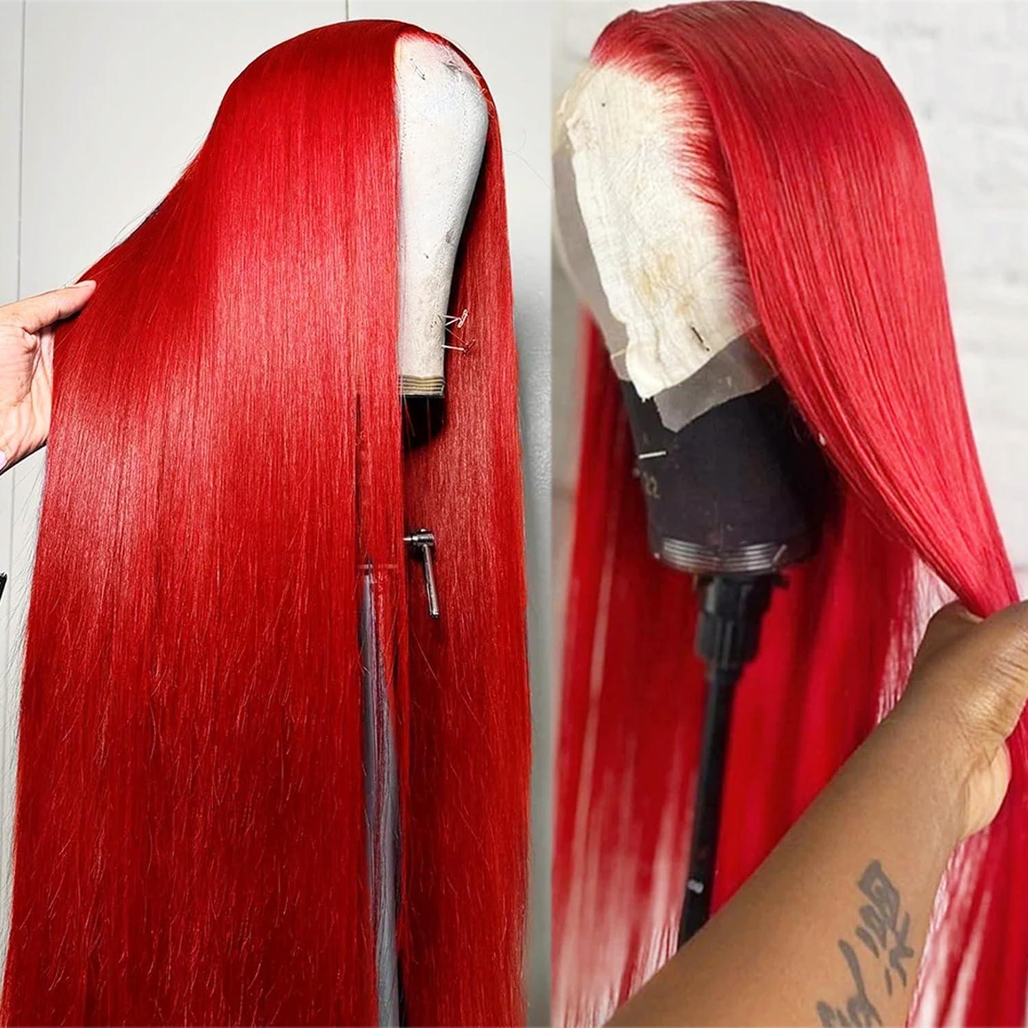 Benafee Red Lace Front Wigs Human Hair 24 Inch 13x4 Colored Red Human Hair Wig 13x4 HD Transparent Lace Frontal Wigs Human Hair Long 180% Density Glueless Wigs Remy Human Hair Straight Red Wig Human Hair