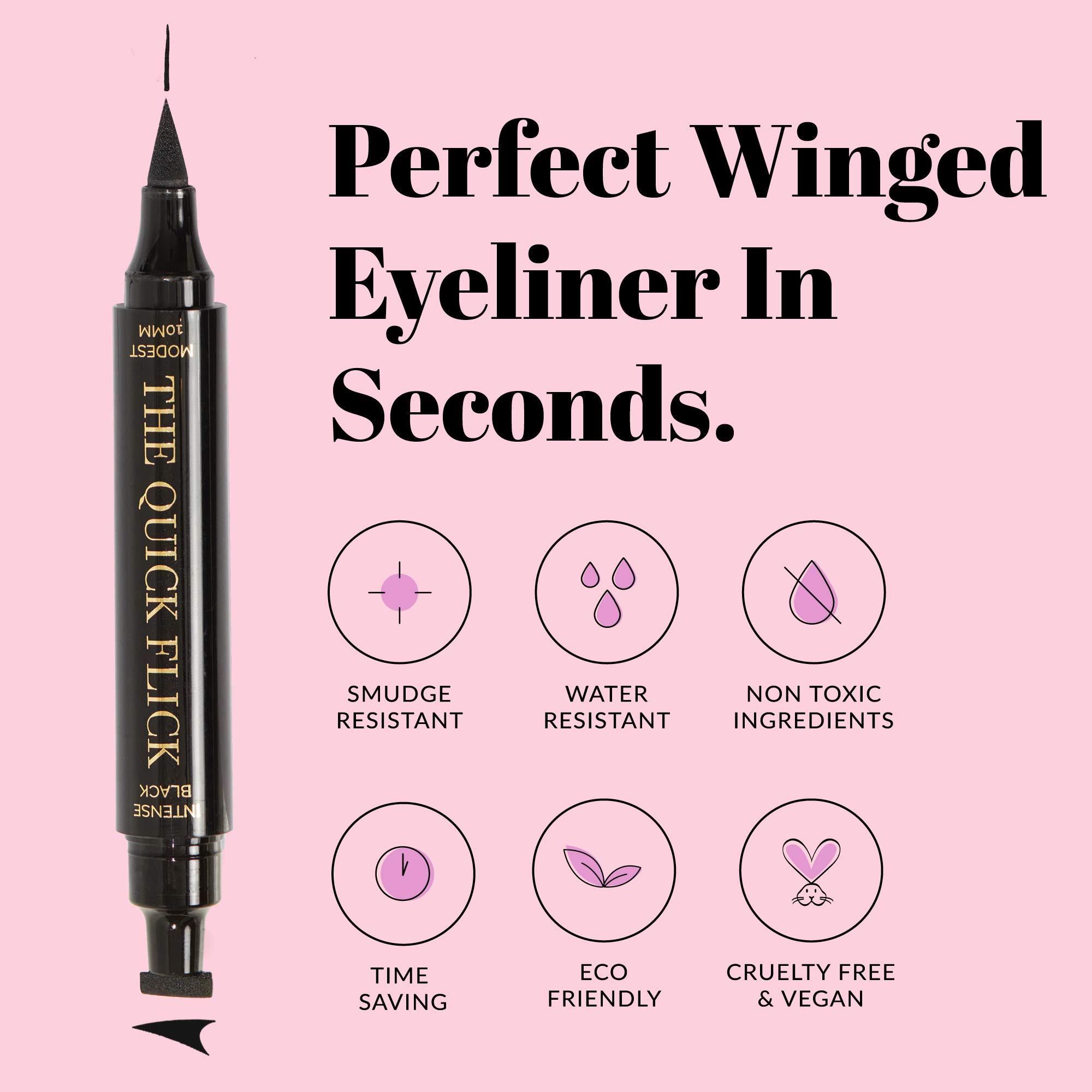 The Quick Flick The Quick Flick Winged Eyeliner Stamp Waterproof & Smudge Proof Vegan Cat Eye Stamp Eyeliner 4mm Thick Winged Stamp & 10mm To the Point Felt-Tip Hypoallergenic Eyeliner Pen (Intense Black-2 Pen)