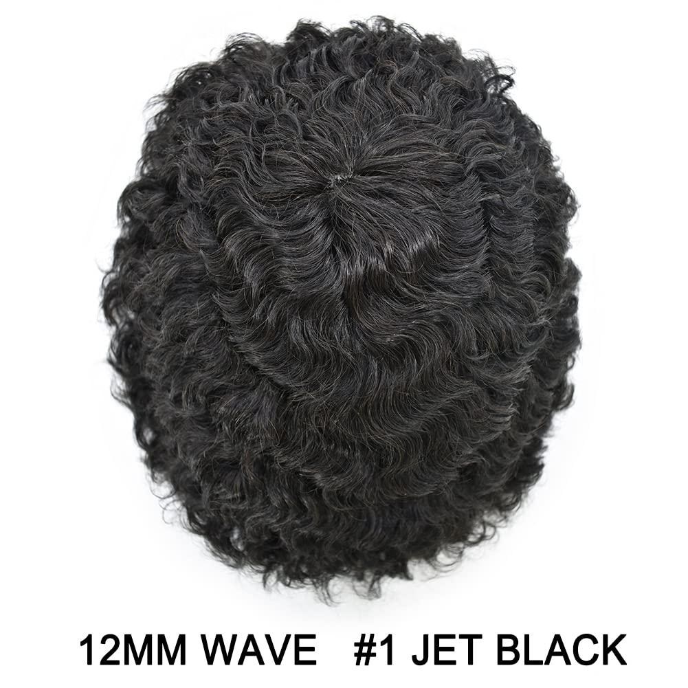 Hair Wonders Afro Toupee for Black Men Soft Full Poly African American Men Toupee Kinky Curly Brazilian Human Hair Pieces Man Weave Hair Unit Black Men 8x10 inch Hair Units for Black Men 1# JET BLACK 12mm wave