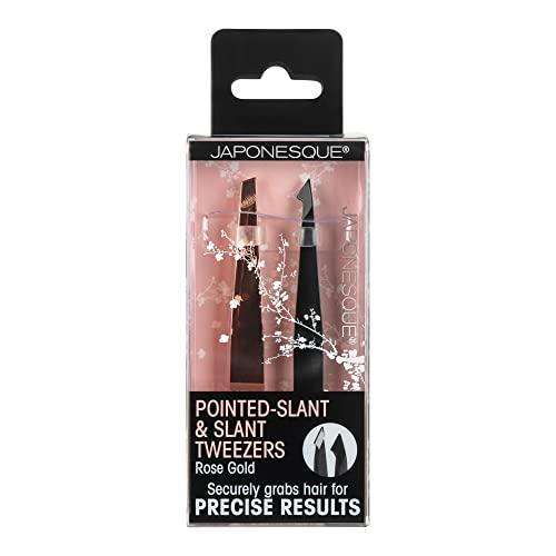 JAPONESQUE JAPONESQUE Pointed-Slant & Slant Tweezers, 2 Pack for Eyebrow Grooming, Facial Hair Removal, Rose Gold and Black, Stainless Steel
