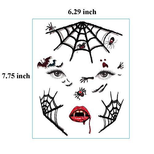 ARTEM Halloween Face Tattoo Stickers Sugar Skull Temporary Tattoos Day of the Dead Parties Makeup Supplies with Black Web, Red Rose, Scar, Blood, Floral Design for Halloween Parties, Masquerade 9 PCS