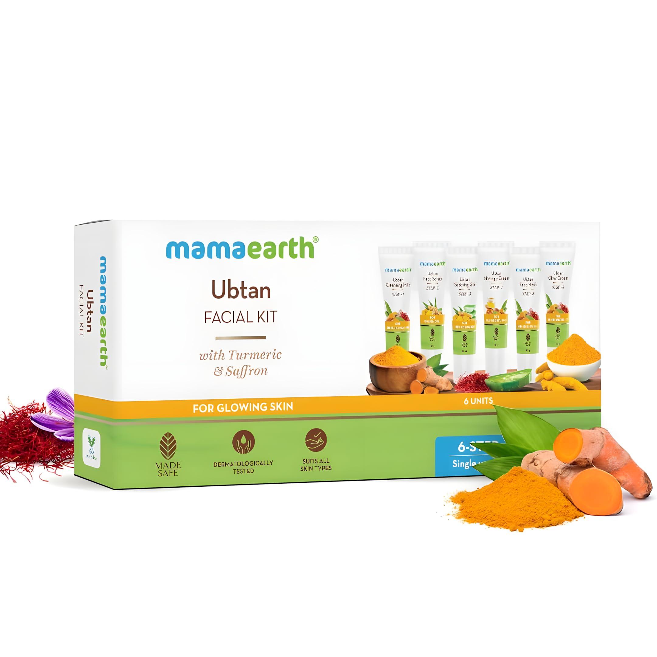 MAMAEARTH Mamaearth Ubtan Single Use Facial Kit | Gives Long Lasting Glow in Just 6-Steps | Includes Cleanser, Scrub, Gel, Massage Creams & Face Pack | Turmeric & Saffron Infused | 2.12 Oz/60g