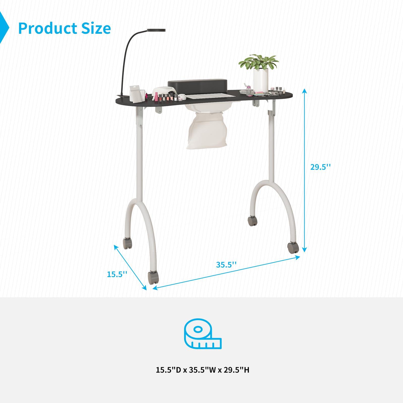 TABU TABU Portable Manicure Nail Table, Foldable Manicure Table with Dust Collector Fan, LED Lamp, 4 Lockable Wheels and Carry Bag, Professional Nail Desk with Wrist Cushion (Black)