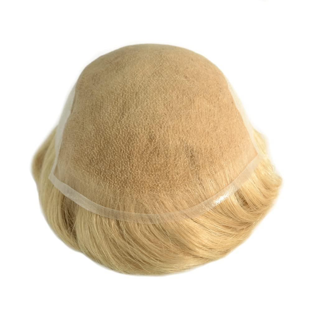 SINGA HAIR Mens Toupee Hairpieces Human Hair System for Men Hair Piece Replacement Natural Lace Front Mens Hair Unit Poly Thin Skin Toupee for Men Wigs 7''X9'' #22R 100% Light to Med-Light Density