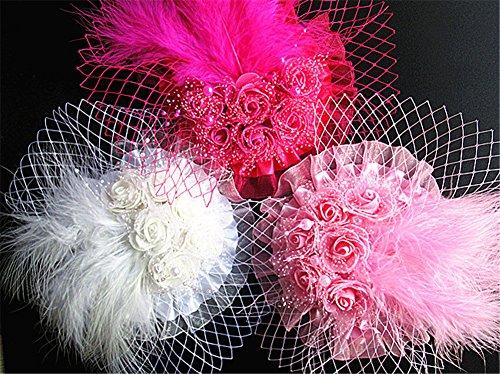 Aimeely Aimeely Lovely Flower Beaded Wedding Hat Veil Girls Lady Feather Hair Accessory Rosy Red
