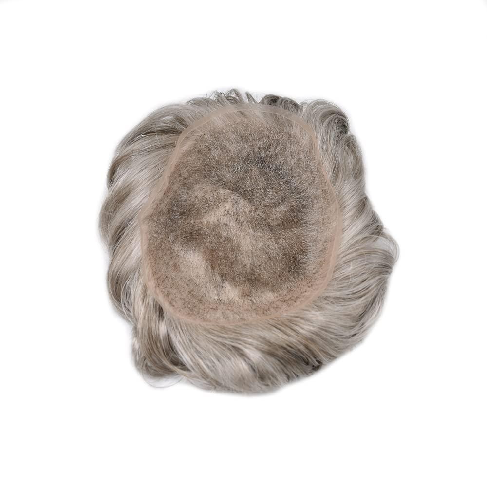 Generic Toupee for Men Human Hair Replacement Systems Full French Lace Mens Toupee Hairpieces Bleached Knots Swiss lace Hair Systems for Men All Lace Male Wig Unit(7X9\"-120% density#550 Medium Light Brown with 50% Gray )