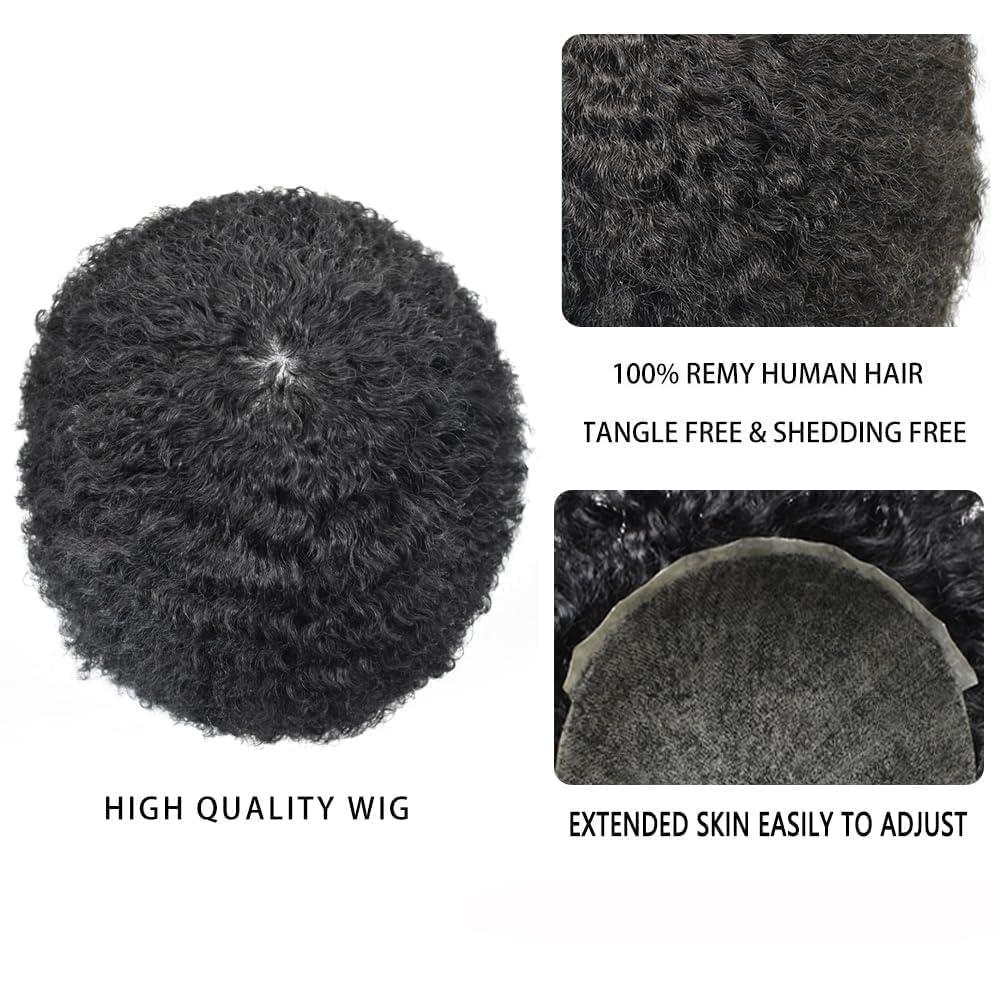 Hair Wonders Afro Toupee for Black Men Soft Full Poly African American Men Toupee Kinky Curly Brazilian Human Hair Pieces Man Weave Hair Unit Black Men 8x10 inch Hair Units for Black Men 1# JET BLACK 12mm wave