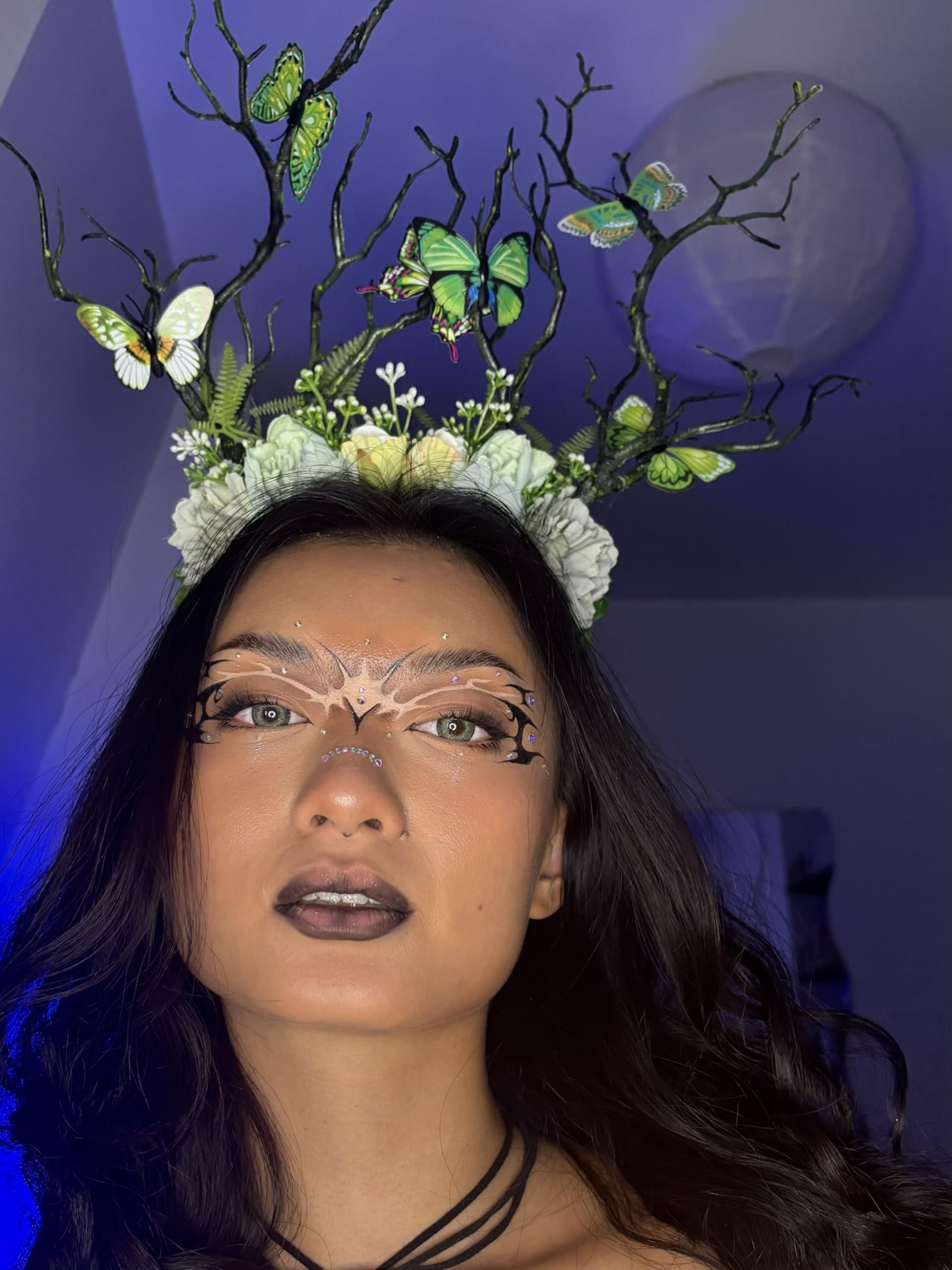 MOSTORY MOSTORY Green Flower Branch Headband - Handmade Tree Hairband with Butterfly Woodland Headband Floral Forest Crown for Women Renassance Renfaire Woodland Costume Cosplay Photoshoot