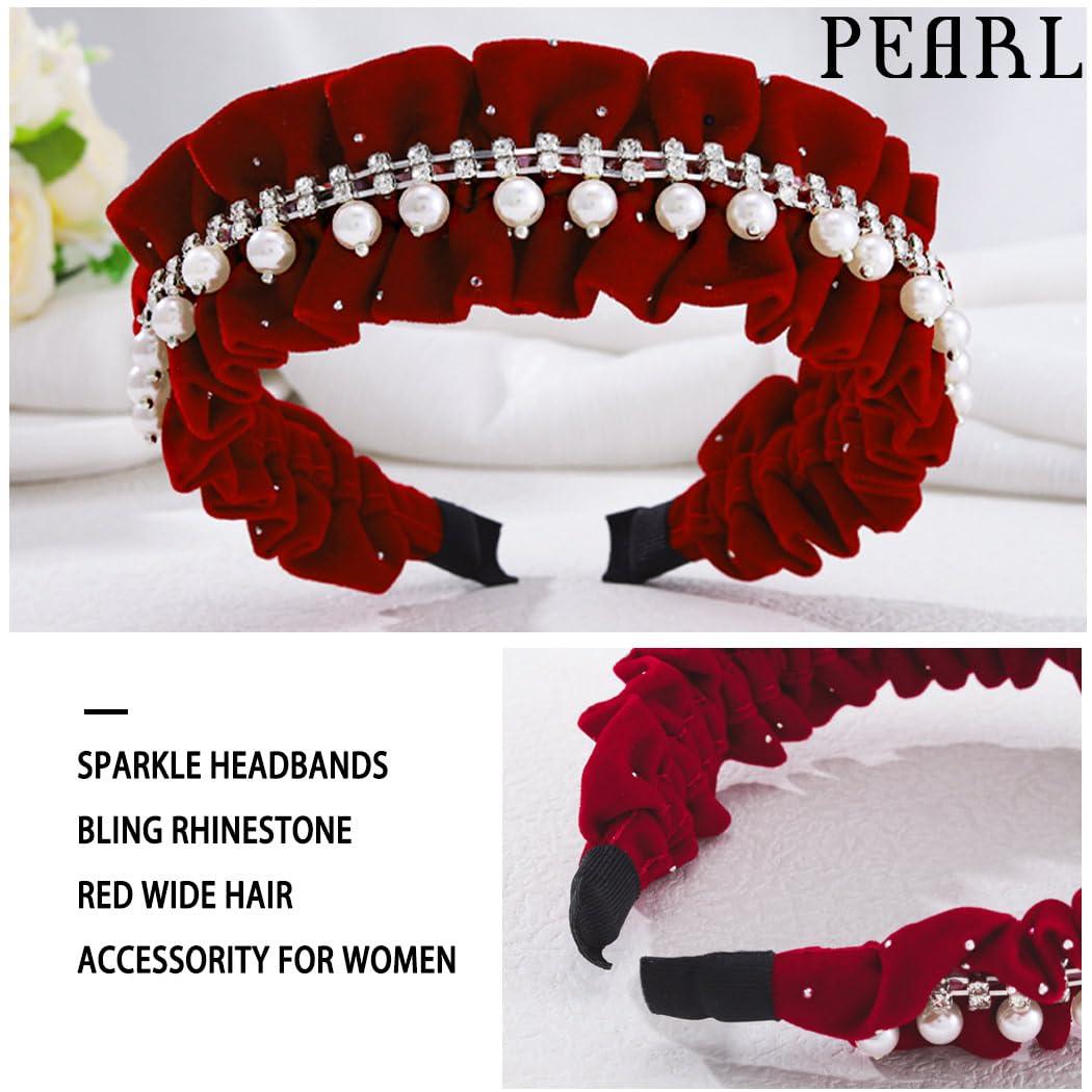 Coridy Coridy Red Headbands Pearl Headband Rhinestone Head Band wrinkle hairband Glittering Jewelry velvet Hair Hoop For Women (Red)