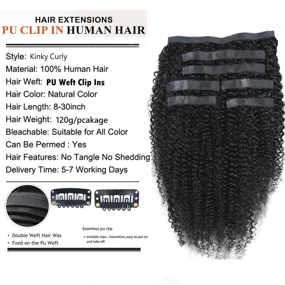 Kiss darling LASHES Seamless Clip In Pu Hair Extensions for Women, 4c Curly Mongolian Kinky Curly PU Clip Ins Human Hair Extensions Skin Weft Full Head 8\"inch 120g